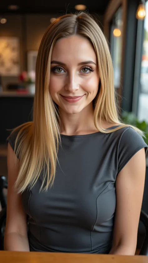 This is a beautiful  closeup photograph of a woman, she has long straight blonde hair and dark blue eyes.  Wearing a form fitting  boatneck dress,  Sitting in a cafe. Flirting at the viewer. Smile, Captured with a Sony A7R IV camera and a 50mm f/1.2 G Mast...