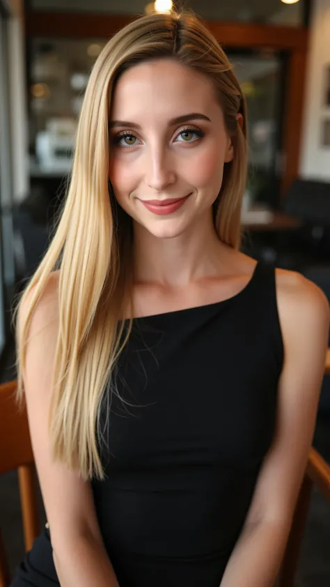 This is a beautiful  closeup photograph of a woman, she has long straight blonde hair and dark blue eyes.  Wearing a form fitting  boatneck dress,  Sitting in a cafe. Flirting at the viewer. Smile, Captured with a Sony A7R IV camera and a 50mm f/1.2 G Mast...