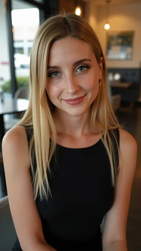 This is a beautiful  closeup photograph of a woman, she has long straight blonde hair and dark blue eyes.  Wearing a form fitting  boatneck dress,  Sitting in a cafe. Flirting at the viewer. Smile, Captured with a Sony A7R IV camera and a 50mm f/1.2 G Mast...