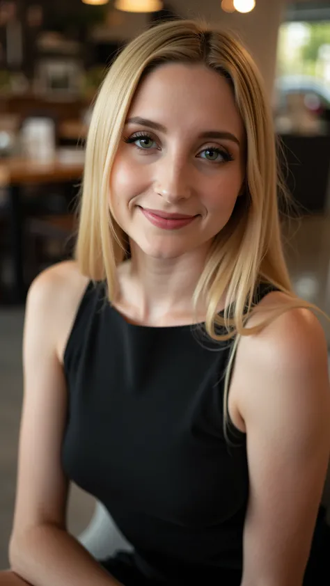 This is a beautiful  closeup photograph of a woman, she has long straight blonde hair and dark blue eyes.  Wearing a form fitting  boatneck dress,  Sitting in a cafe. Flirting at the viewer. Smile, Captured with a Sony A7R IV camera and a 50mm f/1.2 G Mast...