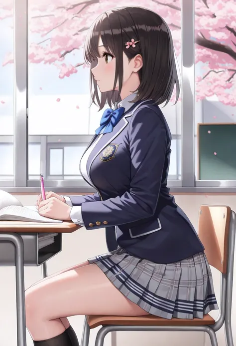 (ultra detailed),(from side,profile),( pretty girl, age 15), (Studying at my classroom desk,椅子に座る),( navy blue blazer, white long sleeve shirt , gray plaid pleated skirt, black knee high socks, blue bow, school uniform), normal breasts, black hair, Med...