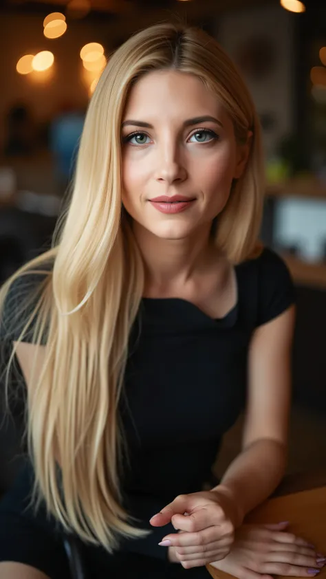 This is a beautiful closeup photograph of a woman, she has long straight blonde hair and dark blue eyes. Wearing a form fitting boatneck dress, Sitting in a cafe. Flirting at the viewer. Smile, Captured with a Sony A7R IV camera and a 50mm f/1.2 G Mast...