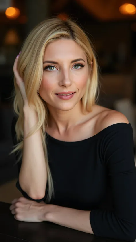 This is a beautiful closeup photograph of a woman, she has long straight blonde hair and dark blue eyes. Wearing a form fitting boatneck dress, Sitting in a cafe. Flirting at the viewer. Smile, Captured with a Sony A7R IV camera and a 50mm f/1.2 G Mast...
