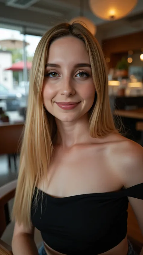 This is a beautiful  closeup photograph of a woman, she has long straight blonde hair and dark blue eyes.  Wearing a form fitting  boatneck dress,  Sitting in a cafe. Flirting at the viewer. Smile, Captured with a Sony A7R IV camera and a 50mm f/1.2 G Mast...