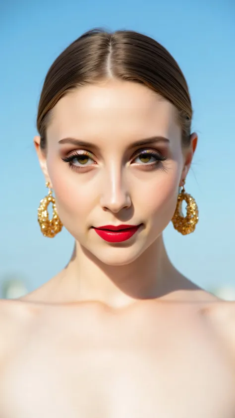 A hyper-detailed, avant-garde facing forward shot photograph featuring a striking woman with pale light skin against a clear, light blue sky. Her nude high-angle mid shot highlights the smooth texture of her flawless complexion. Shimmering metallic eyeshad...