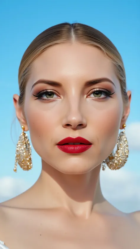 A hyper-detailed, avant-garde facing forward shot photograph featuring a striking woman with pale light skin against a clear, light blue sky. Her nude high-angle mid shot highlights the smooth texture of her flawless complexion. Shimmering metallic eyeshad...