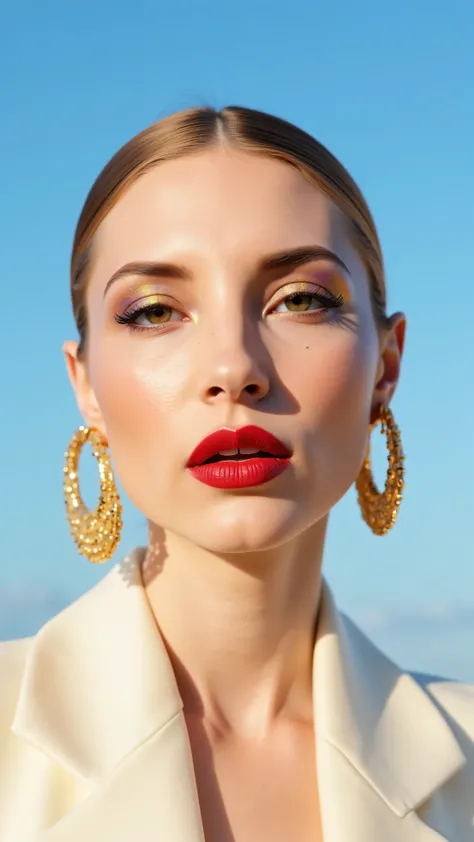 A hyper-detailed, avant-garde facing forward shot photograph featuring a striking woman with pale light skin against a clear, light blue sky. Her nude high-angle mid shot highlights the smooth texture of her flawless complexion. Shimmering metallic eyeshad...