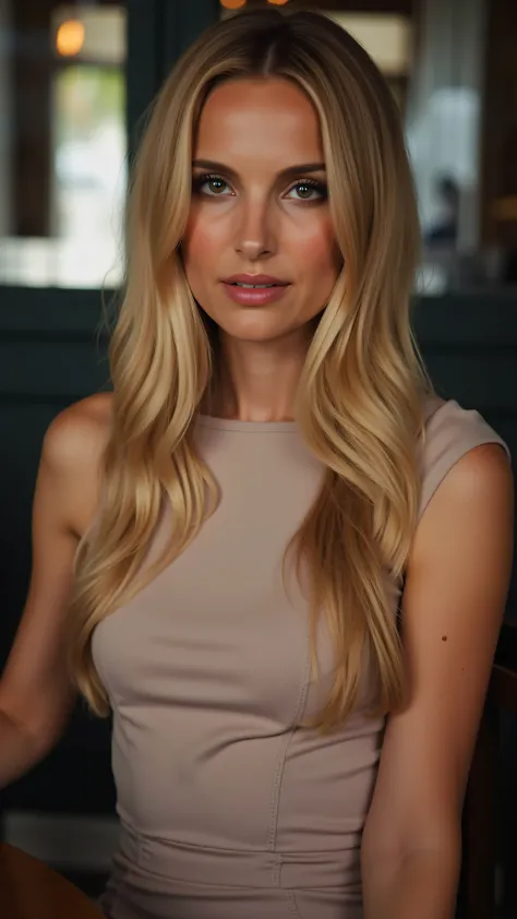 This is a beautiful  closeup photograph of a woman, she has long straight blonde hair and dark blue eyes.  Wearing a form fitting  boatneck dress,  Sitting in a cafe. Flirting at the viewer. Smile, Captured with a Sony A7R IV camera and a 50mm f/1.2 G Mast...