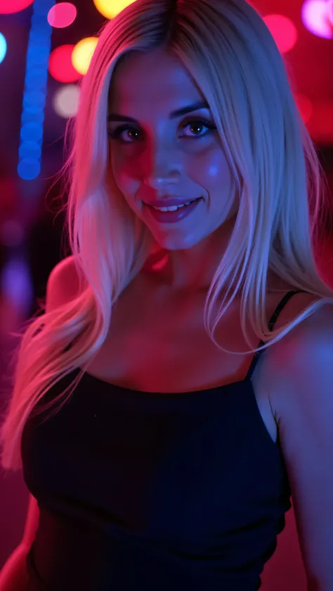 This is a beautiful  closeup photograph of a woman, she has long straight blonde hair and dark blue eyes.  Wearing a form fitting  boatneck dress,  in a nightclub, dark, neon lights. Flirting at the viewer. Smile