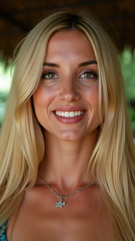 This is a beautiful closeup photograph of a woman at an ayahuasca retreat, she has long straight blonde hair and dark blue eyes. Flirting at the viewer. Smile