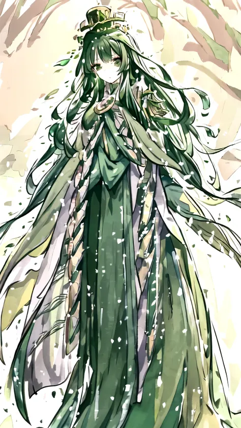 anime girl in green dress with long hair and a  green cape, with a  green cloak ,  green cloak ,  Flowing Cape , wearing  green cloak ,  Full Body Senxia , wearing a  green cloak ,  green cape, wearing a crown and  green cape, Green Robe, shirabii, Inside ...