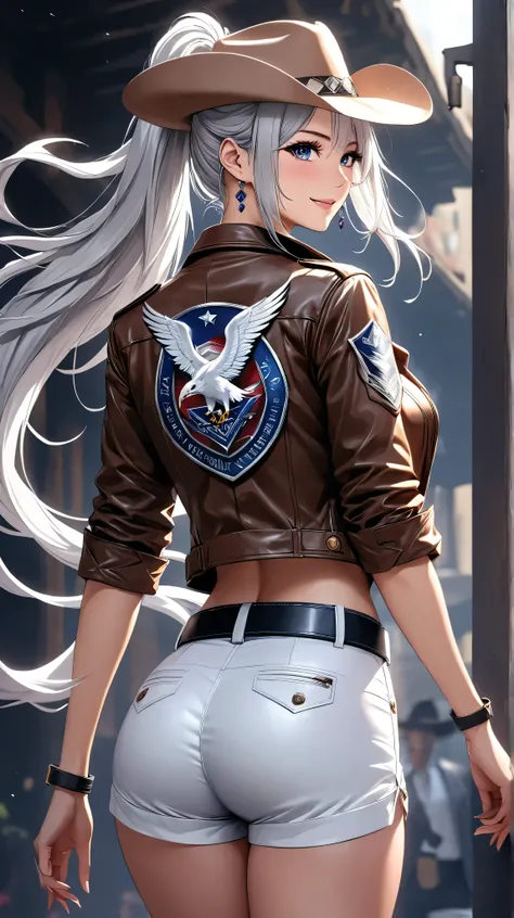 (Score_9, Masterpiece, Top Quality), 1 girl, (Beautiful shiny silver hair: 1.2\ Ponytail, Beautiful jewel-like eyes full of life and vitality, Cheerful expression), (Clothing\[Cowboy hat, Brown leather jacket with rolled up sleeves\Strong shine\White eagle...