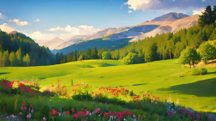 A is drawing with paint,Background meadow, Sky, looks up at the , Distant Scenery , landscape