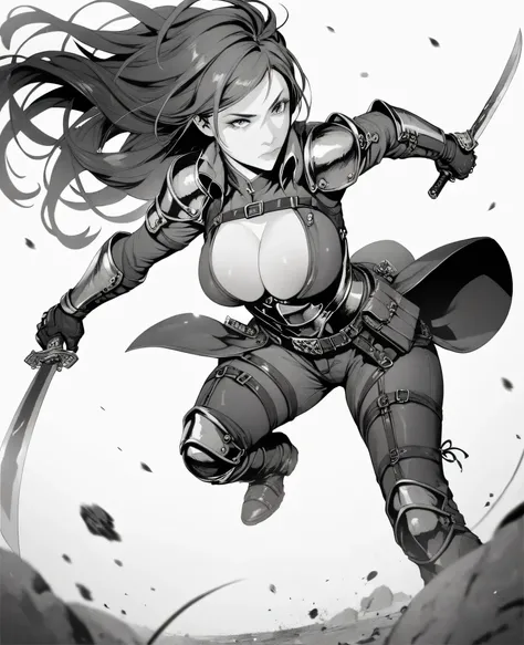 1 ,  long hair , closed mouth, short armor, big breasts,  wielding a sword , High resolution little bear,  masterpiece , Necessary,  Awarded multiple times,  simple background,  black and white  