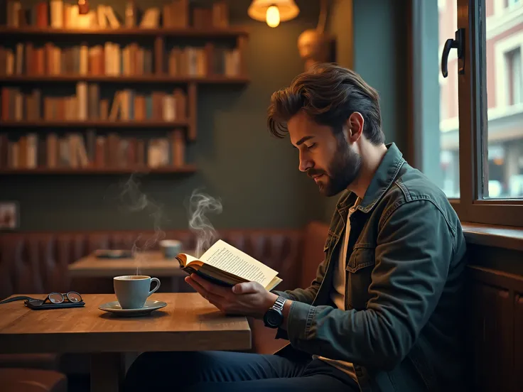 a man is sitting in a cozy café with a book and a cup of coffee