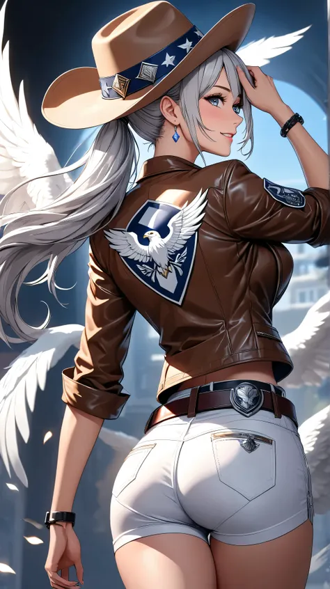 (Score_9, Masterpiece, Top Quality), 1 girl, (Beautiful shiny silver hair: 1.2\ Ponytail, Beautiful jewel-like eyes full of life and vitality, Cheerful expression), (Clothing\[Cowboy hat, Brown leather jacket with rolled up sleeves\Strong shine\White eagle...
