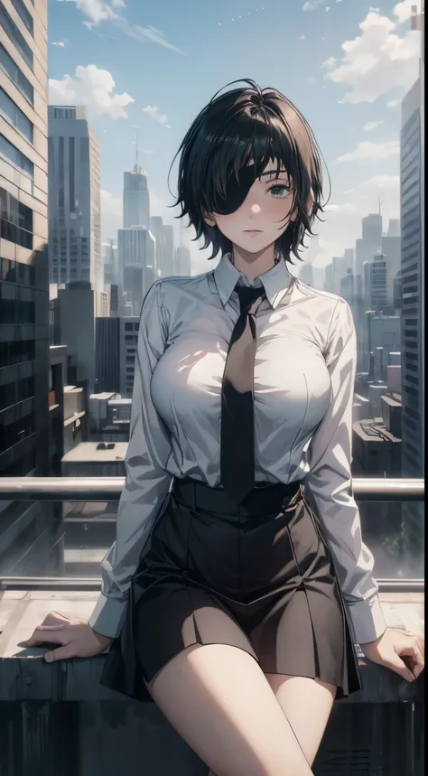 masterpiece, best quality , 1girl, hymen (chainsaw man), eye patch , Breasts, tie, One, black hair , holding, is sitting, short hair, city, bam, legs outside the frame , cityscape, cross , black skirt, white shirt ,black skirt,...