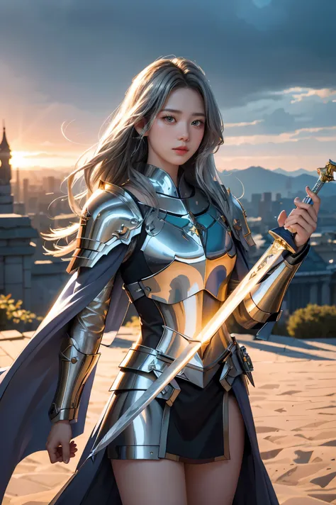 (masterpiece, best quality), A paladin holding a light infused sword, light magic, divine, magewave, silver and gold, 4k, dark cityscape, Fujifilm