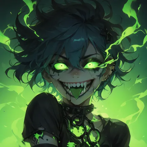 ( Ultra-detailed), ( masterpiece ), ( best quality), ( depth of field), (sharp focus), ( cinematic lighting ), (vibrant neon green), 1 , crazy smile, dams, with tongue sticking out , glowing eyes, Gothic style, short hair, dark makeup , black tattoos,...