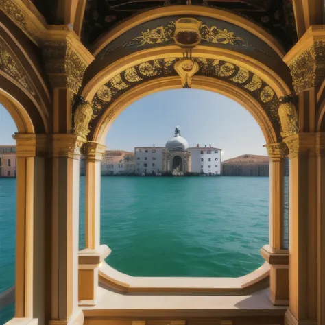 arafed view of a building on the water with a boat in front, italian renaissance architecture, ornate palace made of green, venice biennale, venice, intricate venetian patterns, trending photo, masterpiece', baroque architecture, giorgio, ornate tiled arch...