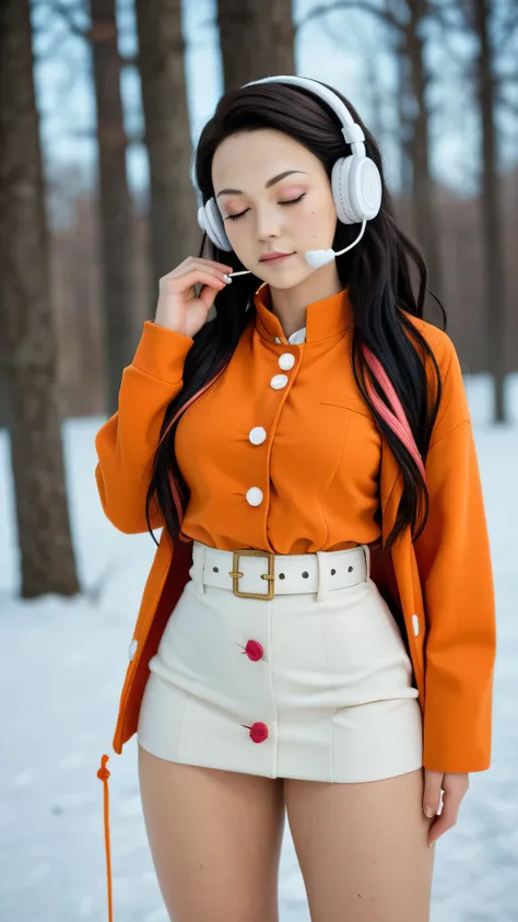 Nezuko Kamado /  KIMETSU NO YAIBA, Bicolor fur,   A woman   ,  long hair,   Eyes Closed, serious look,  listening to music with headphones in her ears, she opted for a mini winter dress ,    medium breasts,   Not suitable for work ,     big ass,   thick th...