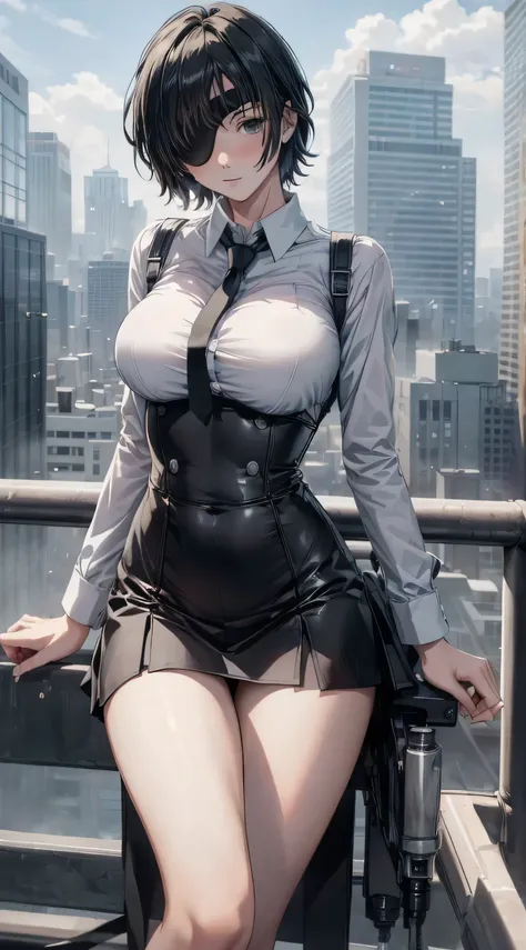  masterpiece,  best quality ,   1girl,  hymen  (chainsaw man),  eye patch ,  Breasts, tie, One,  black hair , holding,  is sitting,  short hair,  city, bang,  feet outside the frame , cityscape, crossed, black skirt, white shirt ,black skirt,tie , sexy clo...