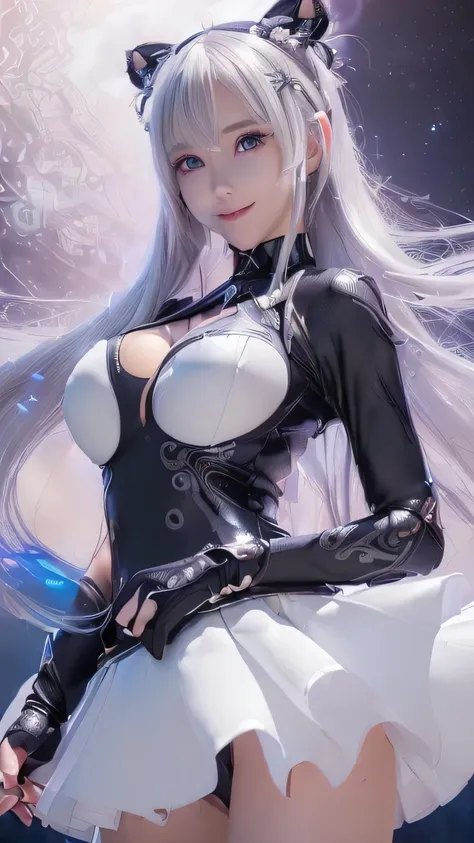 (  best quality ,   ultra details ,  photorealistic  :1.37),  silver haired woman, (  big breasted :1.5), Amazing blue eyes, (( Epic Bodysuit with a Smiling Smile :1.4)) 、  soft writing, illustration, ( brown hair)、bangs,  Flowing Hair  , Gentle Breeze,  s...