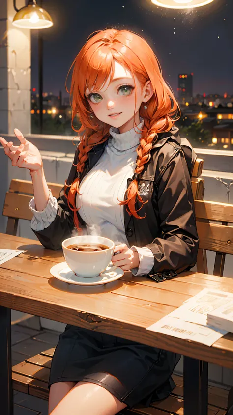 ((best quality)), ((masterpiece)), (detailed), 1girl, random clothes, twin-braids orange-reddish hair, green eyes, some freckles on her cheeks, smile to viewer, night, in the coffee shop, sitting across table from the viewer, on the table is a cup of steam...