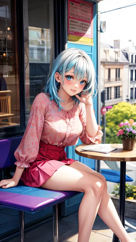 anatomically accurate,beautiful woman,colorful mini skirt,(colorful blouse:1.2),white panties,sitting poses,Paris street open cafe,perfect body