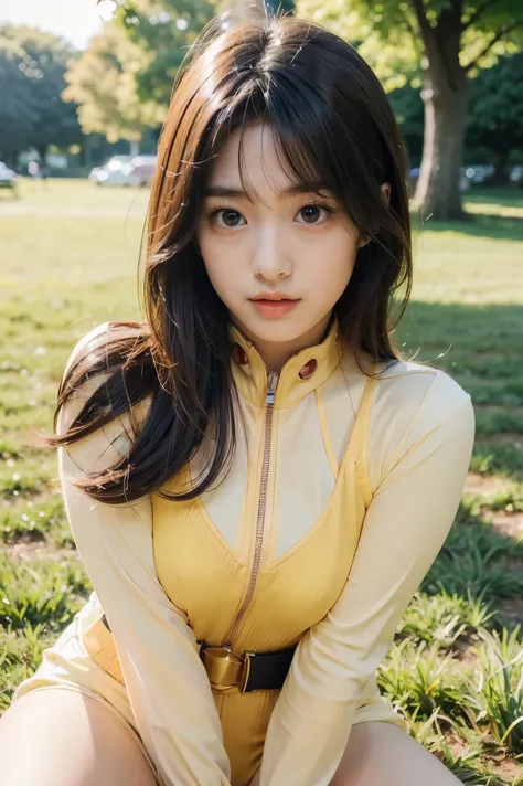 ((yellowRanger)), 1girl, A beautiful 20 years old Japanese girl, Angelic, cute face,
Beautiful detailed eyes, 
(Large eyes:1.3),long eyelashes,
see-through bangs,
(beautiful detailed face and eyes:1.4), 
Beautiful short dark hair, beautiful smile,
(Best Qu...