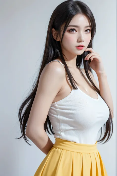 (((long black hair,  pretty Chinese idol, beautiful skin、big eye、 Brown Eyes 、forehead、Extreme pose、A calm face、dewy finish makeup:100.0、eyeliner:100.0, beautiful girl、White background、cute、Young、True Face、Shiny Hair、whole body)))、table top, highest qualit...