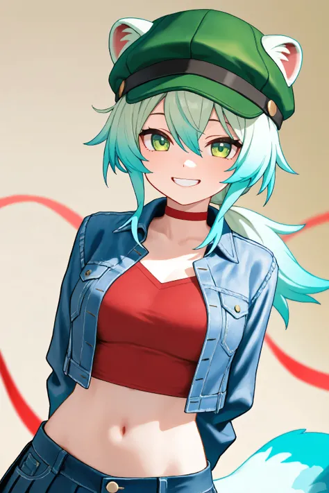 1girl, arms behind back, aqua hair, blue jacket, breasts, cabbie hat, choker, cropped shirt, denim, denim jacket, ears through headwear, gradient hair, green eyes, green hat, grin, hair between eyes, hat, light blue hair, light green hat, looking at viewer...