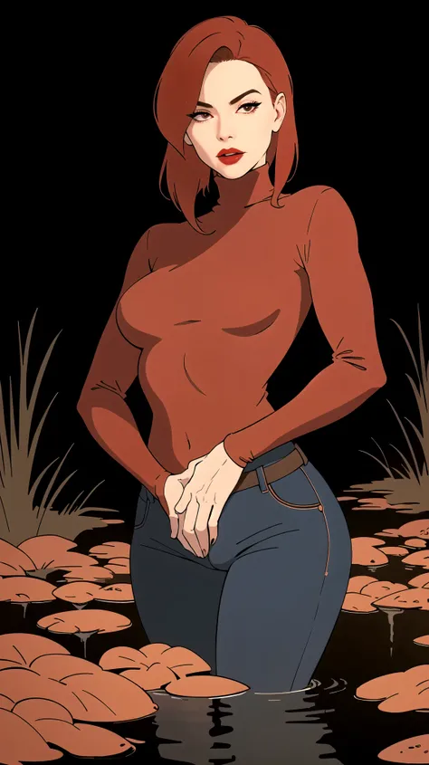 mature woman red-haired, simple vector illustration, standing, jeans, turtleneck drowning in tiny bog, close-up, artistic composition, red lips, black background, desperately  sensually grab her crotch, sexual tension,