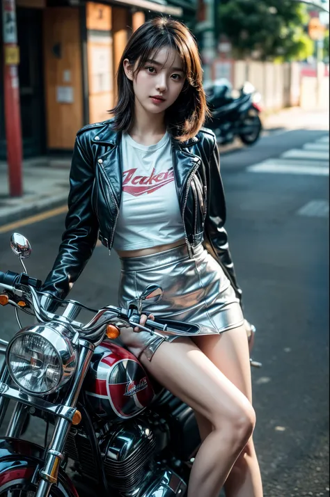 masterpiece, (best quality), (Photorealistic), (Ultra-detailed 8K photo of a Tall Height Japanese gravure idol:1.2), highly detailed facial and skin texture, Fine Eyes, (riding a motorbike:1.2), on bike, full body, (tight skirt), Wearing a shirt and Leathe...