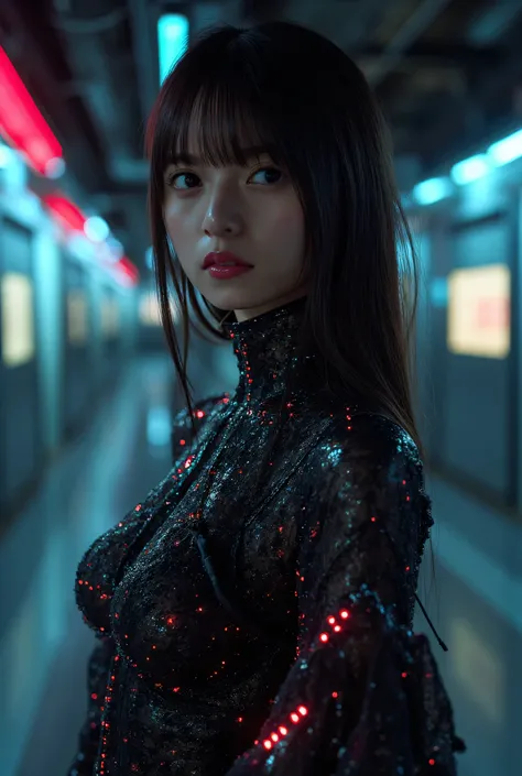 (((The dark interior of the Nostromo ship :2.0))),((( HR Giger style cyberpunk atmosphere:2.0))),((( Hold a cyberpunk-style Japanese sword :2.0))), ,((whole body:2.0)), one woman ,( cute face),(Beautiful well-balanced face ),( natural big breasted :1.5),( ...