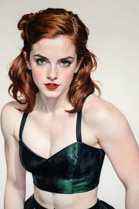  a watercolor painting of a nude ((pale skin)), defined muscles, six-pack abs, goth, auburn-haired age girl resembling Emma Watson, with green eyes, long wavy hair, naked, red lipstick, huge breasts, in the style of Norman Rockwell