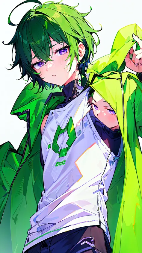 [(WHITE BACKGROUND:1.5),::5], ((((masterpiece)))), high quality, ultra_very_high_resolution, large_filesize, full color, (((solo))), ((little younger boy)), (((green short hair))), purple eyes, anime, (upper body), neon light, black parka,