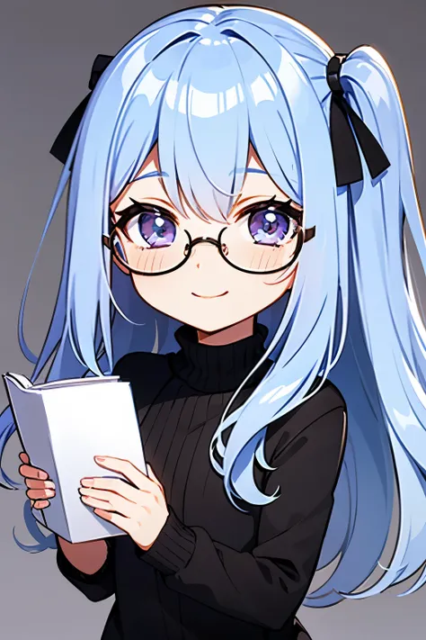 A cute psychologist girl, chibi style, using formal turtleneck outfit with glasses and a book. smiling. White solid background. Vector. Long hair. Anime chibi style. HD