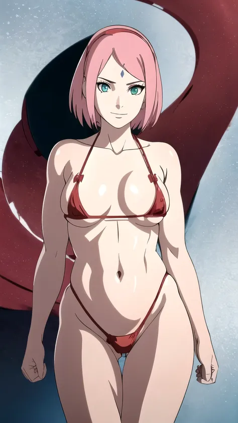 anime style, solo, 1 woman, from front, super ultra details, (cowboy shot:1.5), bold drawing lines, (standing), very high resolution, perfect anatomy, ultra detailed face, high vibrance, (morning time), 1girl, haruno sakura, (slim body, thin belly ,off-sho...