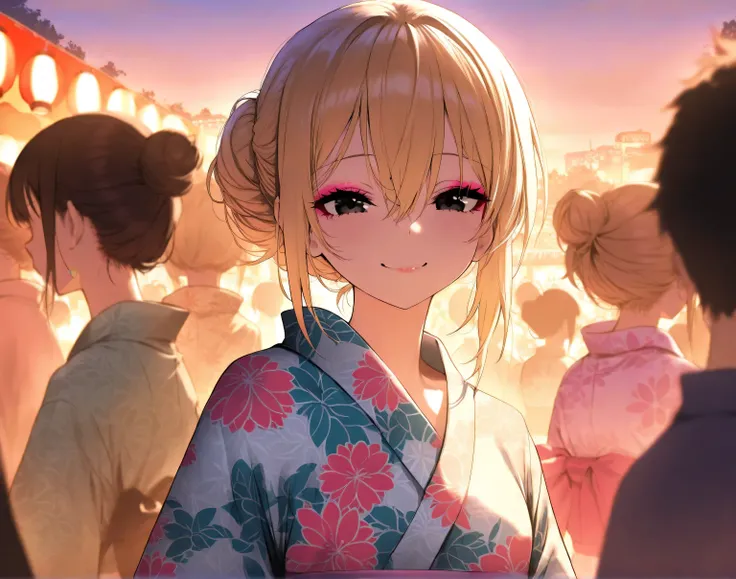 happy smile,  hair between eyes,　blonde hair, One Girl, black eyes,  makeup, hair bun, yukata, upper body,  summer festival, dusk, crowded street, colorful yukatas,  food stalls, masterpiece, best quality,