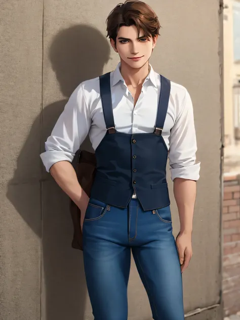 solo Moldovan man, short blong straight hair and (brown eyes), wearing shirt and jeans, sexy posing, smirk