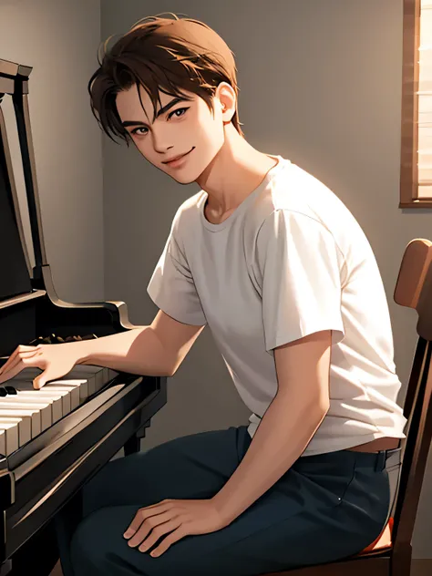 solo Moldovan man, short blong straight hair and (brown eyes), wearing t-shirt and pants, playing piano, smirk