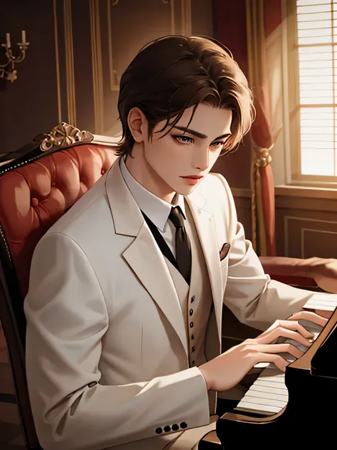 solo Moldovan man, short blong straight hair and (brown eyes), wearing white suit, playing piano at the scene theatre