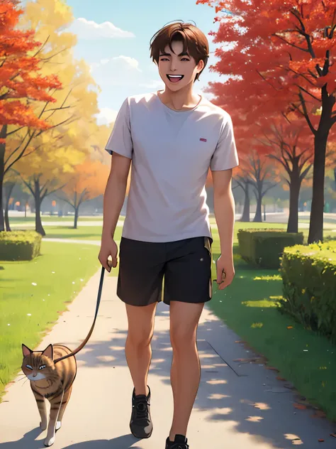 solo Moldovan man, short blong straight hair and (brown eyes), wearing t-shirt and shorts, laugh, walking in the park with cat