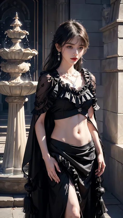 8K, UHD, Masterpiece, 1 girl, good face, detailed eyes, (long hair:1.5), ((frill cut filibeg)) ((black clothing)), ((Frill Tassel)), ((frill cape)), ((frill)), ((navel)), ((mesh lacing)), ((necklace)), ((tassel)), ((earring)), ((water fountain)), ((in the ...