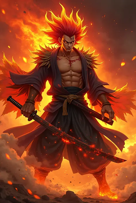 Design a hyper-realistic Kyojuro Rengoku as a demon, keeping his iconic fiery red and yellow hair with sharp, flame-like edges. His strong jawline and wide, passionate eyes remain true to his anime look but now burn with molten gold and red embers. His ski...