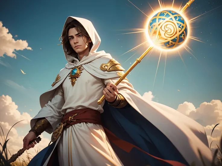 Create a detailed RPG character illustration of Ariedam, a noble and gentle cleric. He has a calm and wise demeanor, with chestnut brown hair partially hidden beneath a white hood. His piercing blue eyes radiate kindness and unwavering resolve. Ariedam is ...