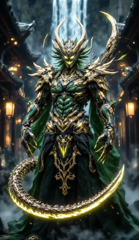 A magnificent, humanoid dragon standing upright with its powerful chest and face fully aligned to the camera, exuding regal strength and wisdom. Its scaled body glows with hues of emerald green and gold, and its fierce, golden eyes are fixed directly on th...