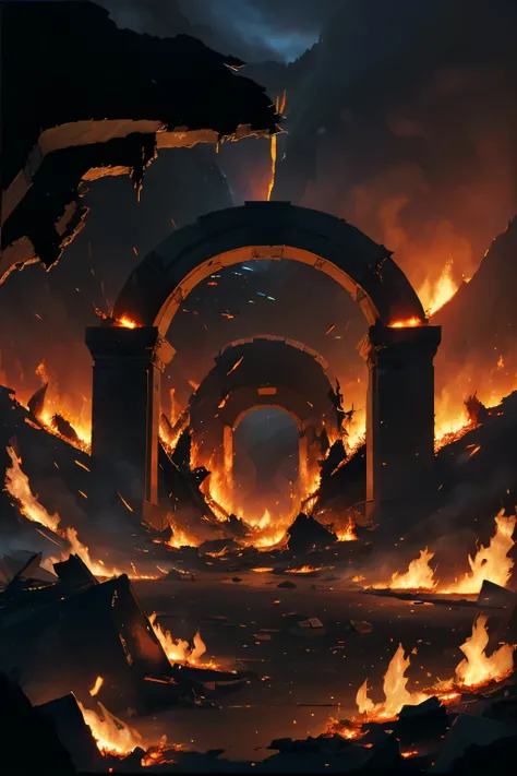 (((hellish, fiery landscape))), ((ruined, hellish archway with portal)), (((raging fire and falling debris))), (deep, dark ravine), tall and crooked mountains, ((dark red, hellish sky)), volcano in the background