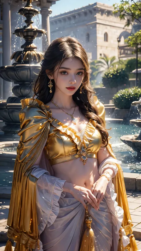 8K, UHD, Masterpiece, 1 girl, good face, detailed eyes, (long hair:1.5), ((frill cut filibeg)) ((golden clothing)), ((Frill Tassel)), ((frill cape)), ((frill)), ((navel)), ((mesh lacing)), ((necklace)), ((tassel)), ((earring)), ((water fountain)), ((in the...